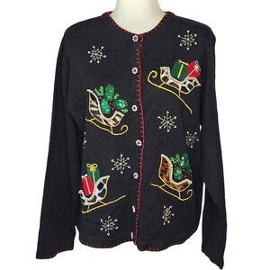Vintage 1990s Black Medium Christmas Cardigan Sweater NWT Sequin Sleighs Gifts S